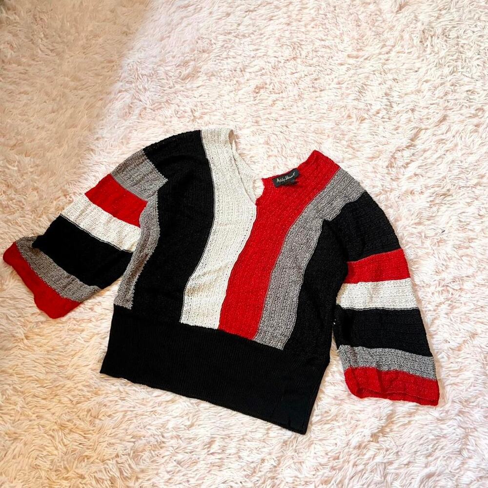Vintage Y2K Colorblock V Neck Scene Core Alt‎ Girl Wide Sleeve Stretch Sweater